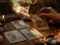 Dłoń trzyma kartę Tarota, a obok leżą inne karty, świeca i kryształy. Poznaj wieża tarot znaczenie.