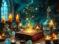 Stary księgozbiór, świece i magiczne mikstury tworzą atmosferę tajemnicy, jakby szukano tu odpowiedzi, jak odczynić urok.
