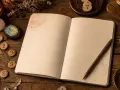 Otwarta księga, świeca, kryształy i drewniane krążki z cyframi. Czy to numerologiczna 10 czy 1?