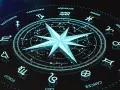Koło zodiaku z gwiazdą na środku. Znaki zodiaku i konstelacje tworzą mistyczną całość, sugerując numerologiczną 5 i podróż przez wszechświat.