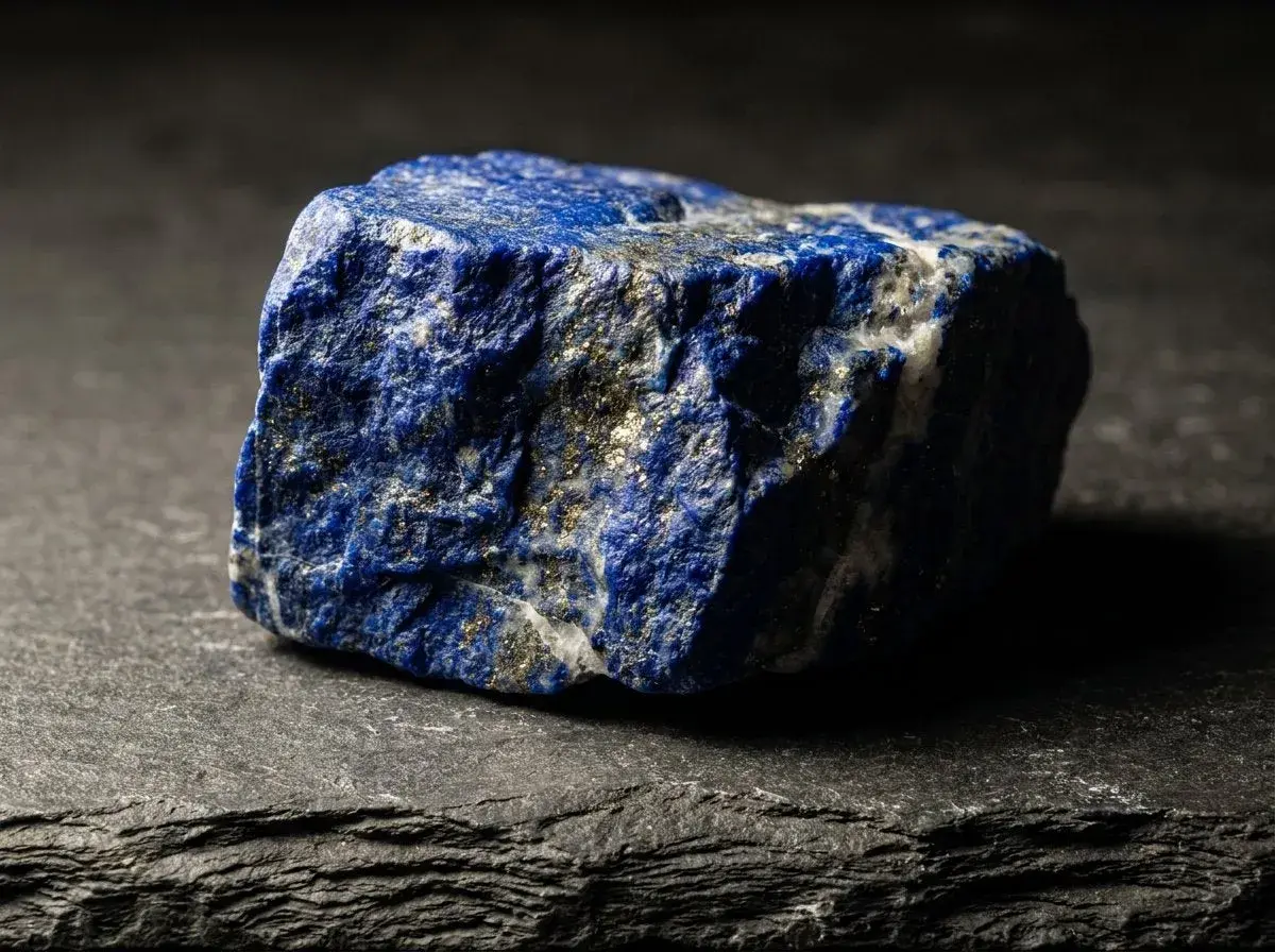 Surowy, niebieski kamień lapis lazuli z błyszczącymi złotymi wtrąceniami pirytu, leżący na ciemnej, łupkowej powierzchni.