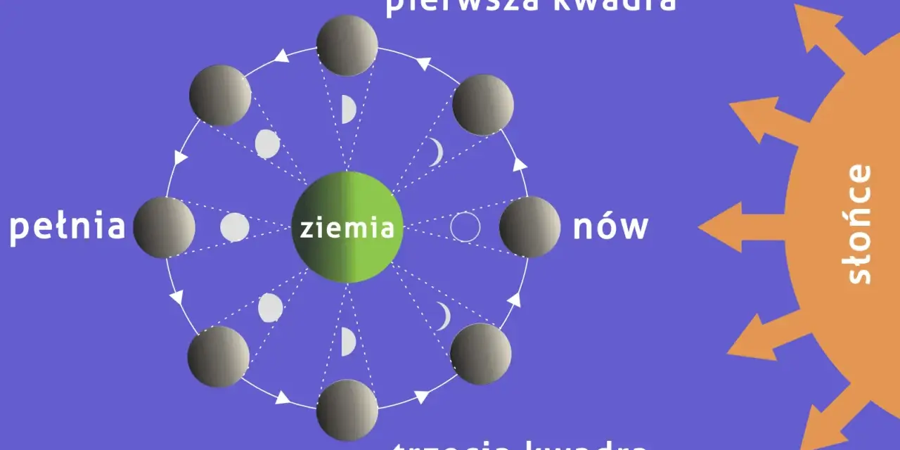 Cykl faz księżyca wokół Ziemi: nów, pierwsza kwadra, pełnia, trzecia kwadra. Słońce oświetla Księżyc, tworząc widoczne fazy.
