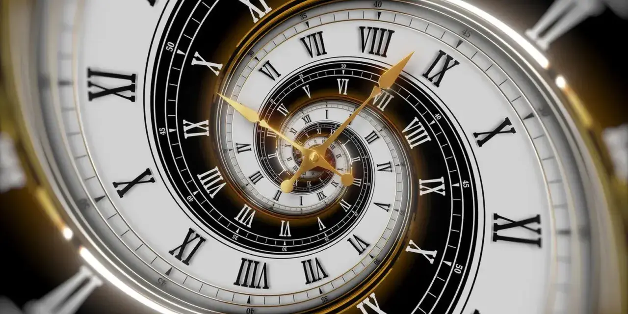 Złoty zegar z rzymskimi cyframi, tworzący spiralę nieskończoności. Symbolizuje 5 rok numerologiczny, czas zmian i rozwoju.