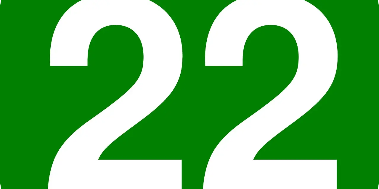 Biała liczba 22 na zielonym tle. Liczba 22 znaczenie w numerologii to harmonia, równowaga i intuicja.