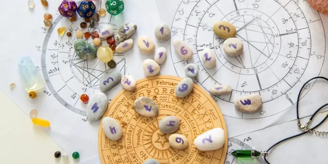 Kamienie z numerami, kostki do gry i talizmany na tle wykresów astrologicznych. Wibracja dnia 5 jest widoczna na jednym z kamieni.