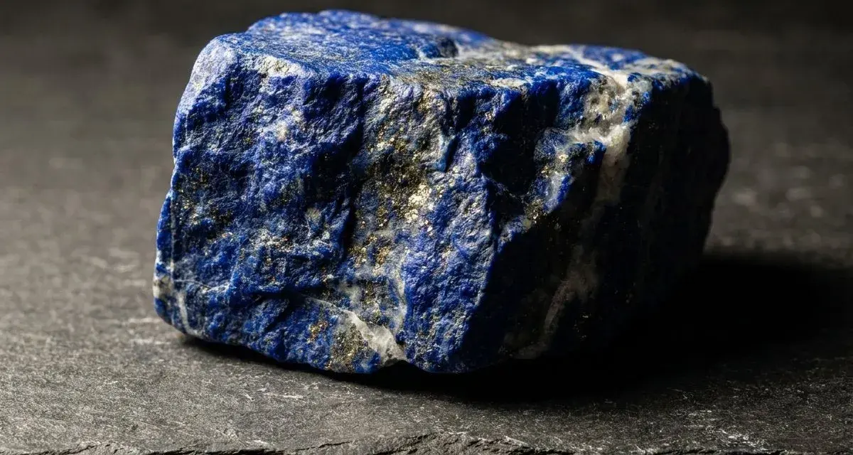 Surowy, niebieski kamień lapis lazuli z błyszczącymi złotymi wtrąceniami pirytu, leżący na ciemnej, łupkowej powierzchni.