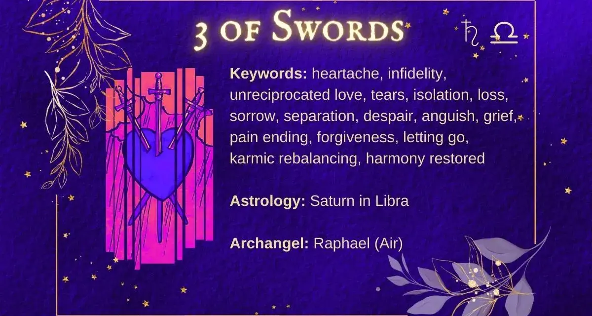 Trzy miecze w sercu symbolizują ból i stratę, ale też nadzieję na zakończenie cierpienia. 3 miecze tarot znaczenie to lekcja wybaczania.