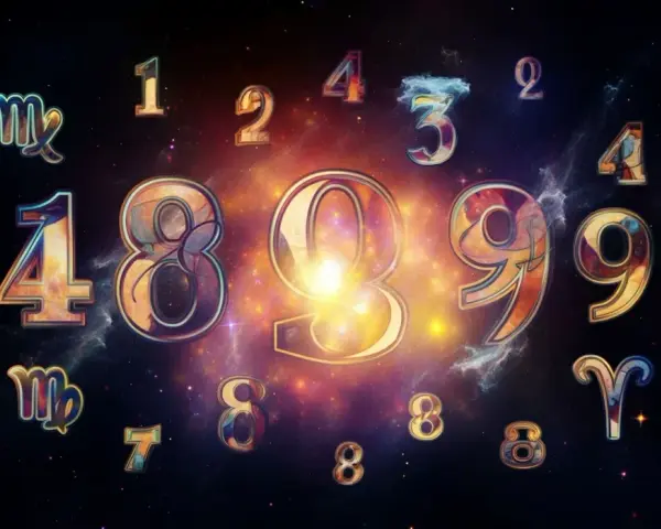 Lśniące cyfry i znaki zodiaku na tle kosmicznej mgławicy. W centrum liczby 8 i 9, symbolizujące potencjalny numerologiczna 11 partner.