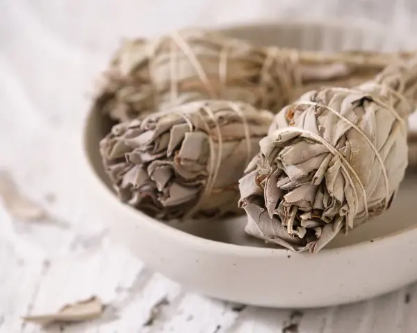 Trzy pęczki szałwii białej, związane sznurkiem, leżą w ceramicznej misie. Liście są suche, szaro-zielone, tworząc gęste, zwarte główki.