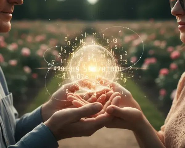 Dłonie trzymają świetlistą kulę z cyframi, symbolizującą numerologiczną 7 i 3.