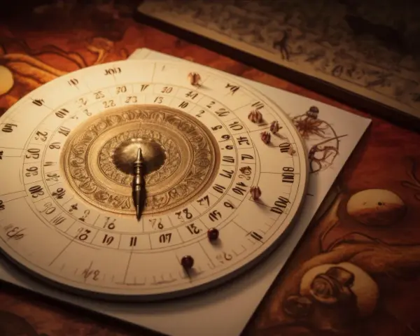 Starożytny astrolabium, symbol drogi życia 9, na tle map i zwojów.