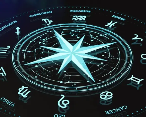 Koło zodiaku z gwiazdą na środku. Znaki zodiaku i konstelacje tworzą mistyczną całość, sugerując numerologiczną 5 i podróż przez wszechświat.