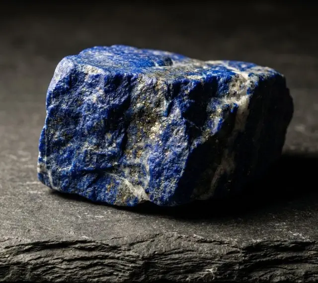 Surowy, niebieski kamień lapis lazuli z błyszczącymi złotymi wtrąceniami pirytu, leżący na ciemnej, łupkowej powierzchni.