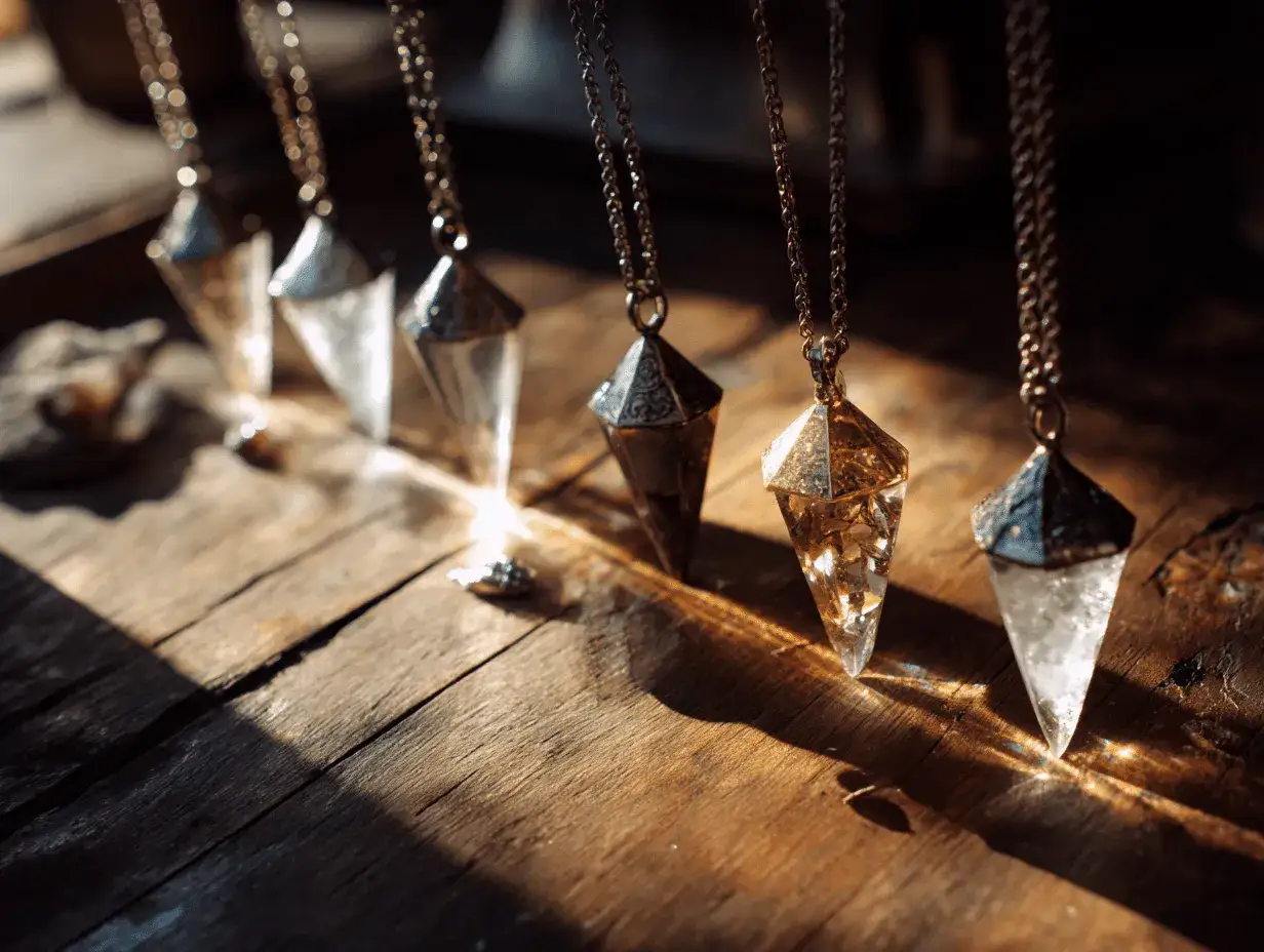 Kilka kryształowych wahadełek w metalowych oprawach, wiszących na złotych łańcuszkach. Słońce rzuca na drewniany stół piękne refleksy, tworząc magiczną atmosferę. Dowiedz się, jak oczyścić wahadełko, by służyło Ci wiernie.