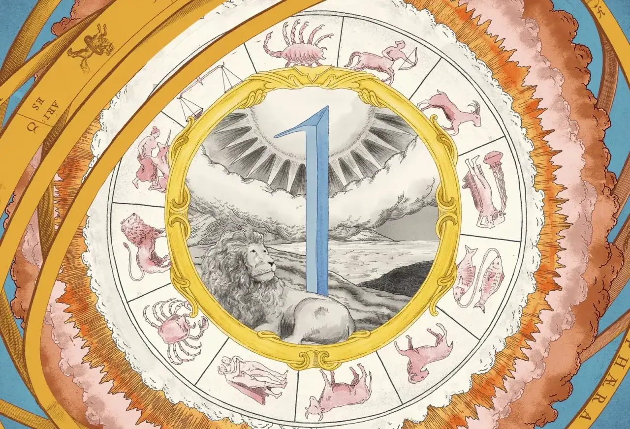 Złota rama z numerem 1 i znakami zodiaku na tle krajobrazu i chmur.