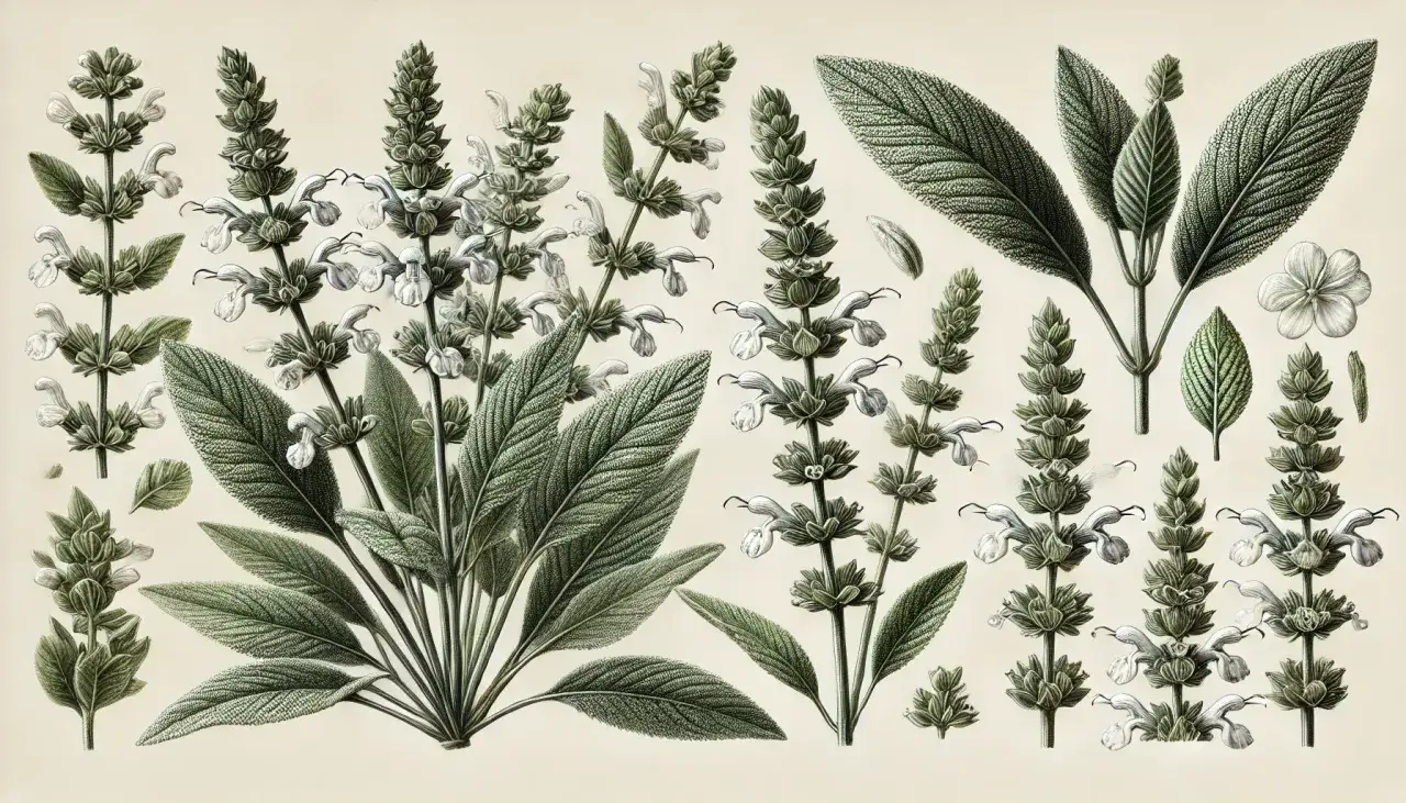 Botaniczna ilustracja szałwii białej: kłosy z białymi kwiatami, owalne, ząbkowane liście i pojedyncze kwiaty.