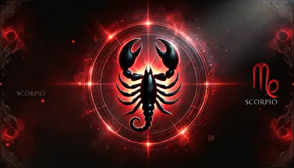 Mroczny skorpion w centrum, otoczony neonowym blaskiem i astrologicznymi symbolami. To znak zodiaku Skorpion, sugerujący silny ascendent w skorpionie.