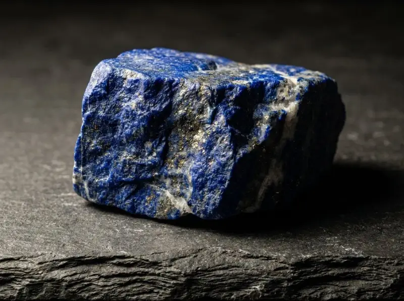Surowy, niebieski kamień lapis lazuli z błyszczącymi złotymi wtrąceniami pirytu, leżący na ciemnej, łupkowej powierzchni.