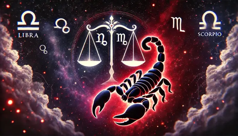 Skorpion i Waga: zodiakalny skorpion na tle kosmosu z wagą, symbolizującą ich związek.